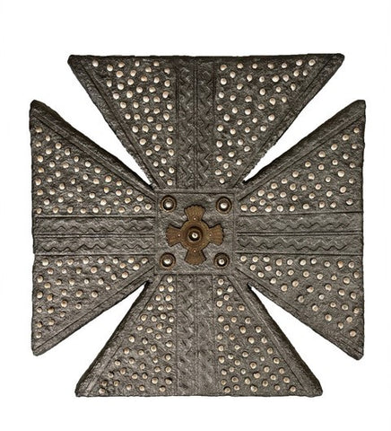Southwest Shield, handmade paper, brass, shells, pins & acrylic paint sculpture by Cerulean Collective Member Carol Cole