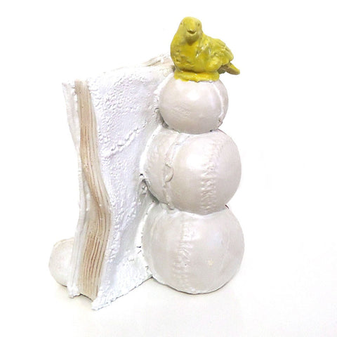 Book with Bird III, glazed clay sculpture by Pennsylvania artist Matthew Courtney. Included in the exhibition Fine Feathered Friends, at Cerulean Arts March 26 - April 20, 2025.