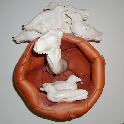 Crowded Nest, clay and glaze sculpture by Matthew Courtney available at Cerulean Arts. Included in the exhibition Fine Feathered Friends at Cerulean Arts March 26 - April 20, 2025.
