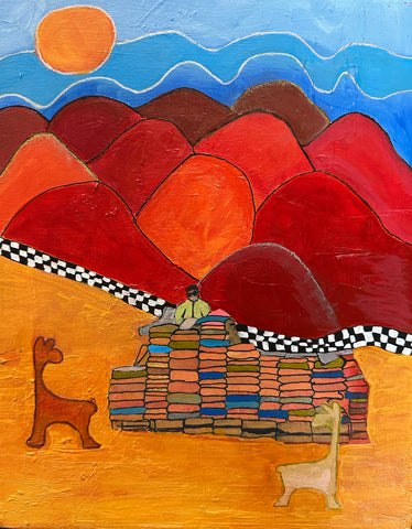 The Market at Purmamarca, acrylic and collage on paper painting by Cerulean Arts Collective Member Dora Ficher