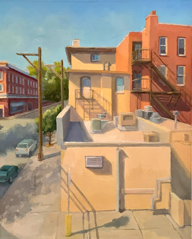 State Street in Summer, oil on linen panel painting by Cerulean Arts Collective Member Kimberly Hoechst. From her solo exhibition April 10 - May 5, 2024. 20" H x 18" W; Framed size 21 5/8" H x 17 5/8" W