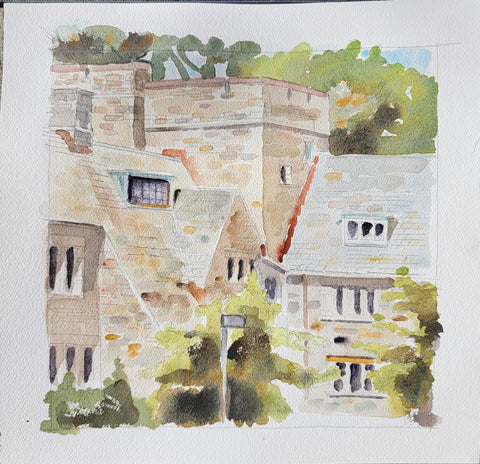 Swarthmore Lodges, watercolor on Arches 140lb cold press paper painting by Cerulean Arts Collective Member Keith Leitner