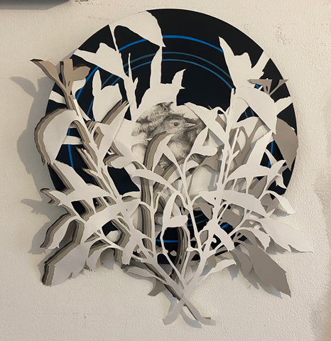 Catbird with Blue Circle, acrylic, cut-paper & pencil mixed media painting by Pennsylvania artist Jeremy McGirl