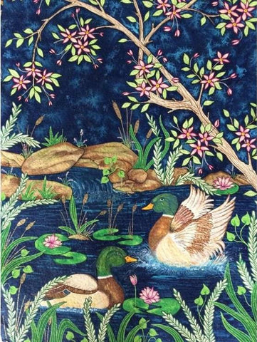 Ducks, gouache on handmade paper painting by Pennsylvania artist Rinal Parikh. Included in the exhibition Fine Feathered Friends at Cerulean Arts March 26 - April 20, 2025.