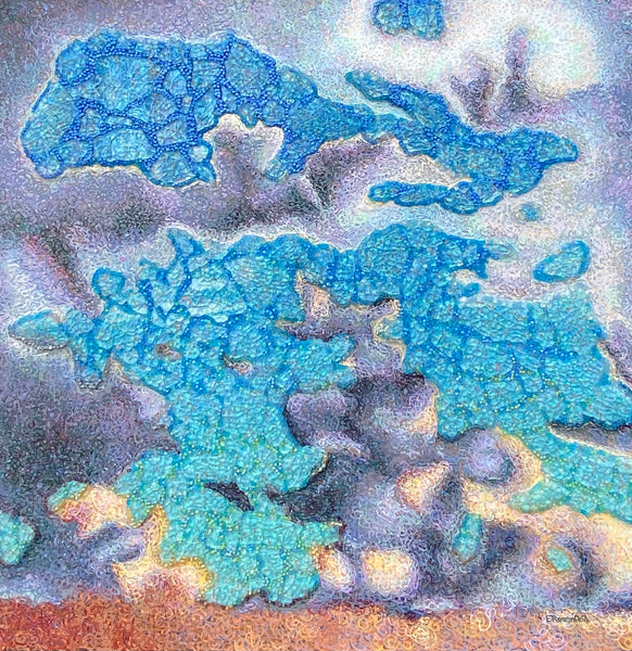 Both Sides Now #5, acrylic, shattered tempered glass and glass bead on canvas painting by Cerulean Arts Collective member Elynne Rosenfeld. 