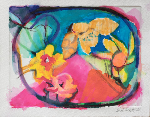Daffodil I, watercolor over drypoint work on paper by Philadelphia artist Bill Scott. Included in the exhibition Love Letters to an Unknowable Future - Paintings and Works on Paper, at Cerulean Arts April 23 - May 18, 2025.
