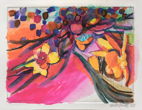Daffodil II, watercolor over drypoint work on paper by Philadelphia artist Bill Scott. Included in the exhibition Love Letters to an Unknowable Future - Paintings and Works on Paper, at Cerulean Arts April 23 - May 18, 2025.