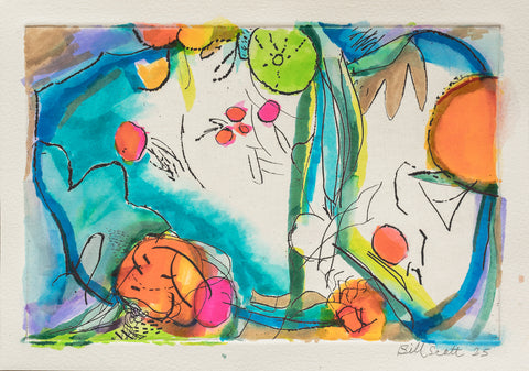 Fruit and Beans, watercolor over drypoint work on paper by Philadelphia artist Bill Scott. Included in the exhibition Love Letters to an Unknowable Future - Paintings and Works on Paper, at Cerulean Arts April 23 - May 18, 2025.